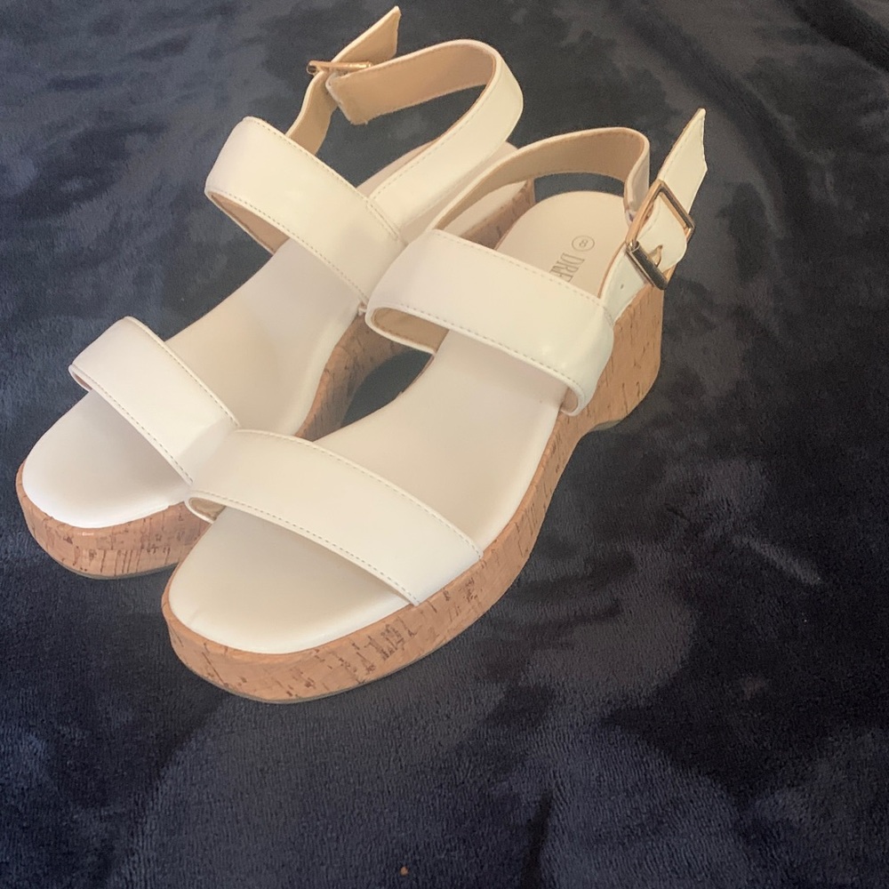 Women's White Sandals with Cork Wedge